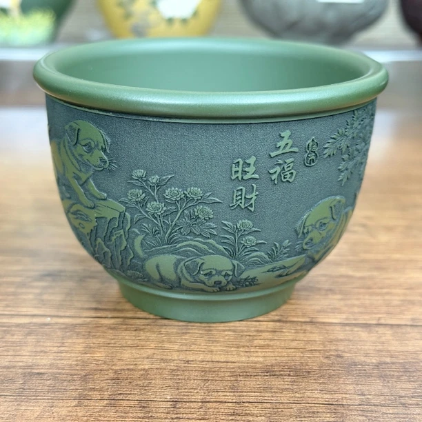 5563宜兴紫砂主人杯绿泥刻绘生肖狗容量130毫升紫砂杯茶杯茶具