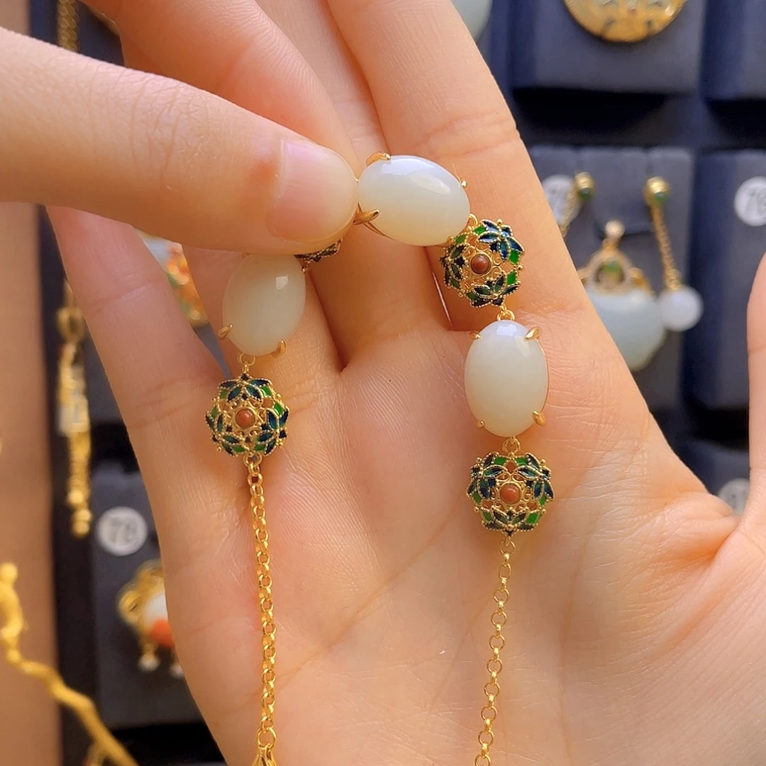 和田玉手链银S925镀金镶嵌