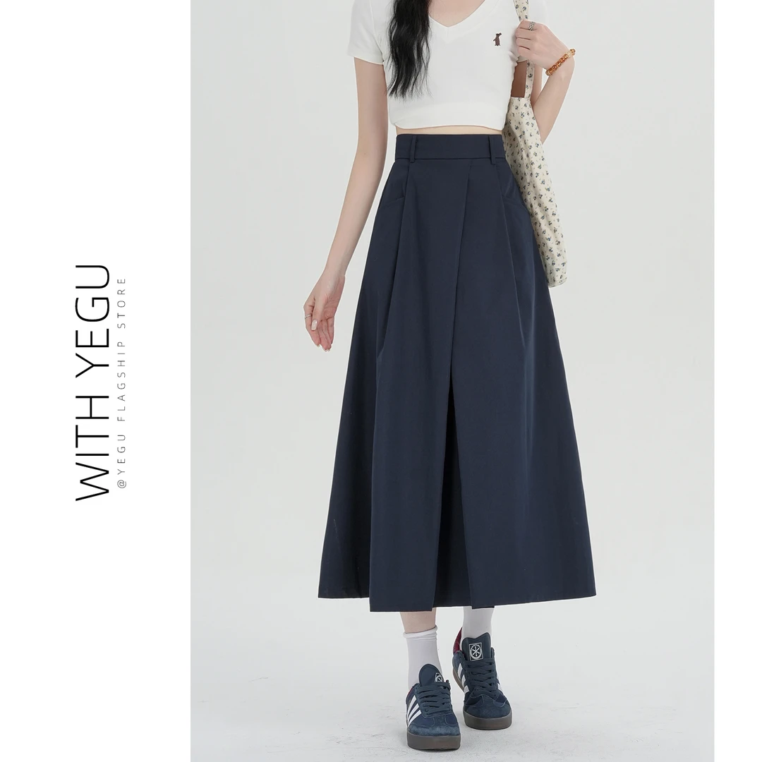 藏青色工装半身裙女春夏新款中长款高腰a字百褶裙小个子气质伞裙