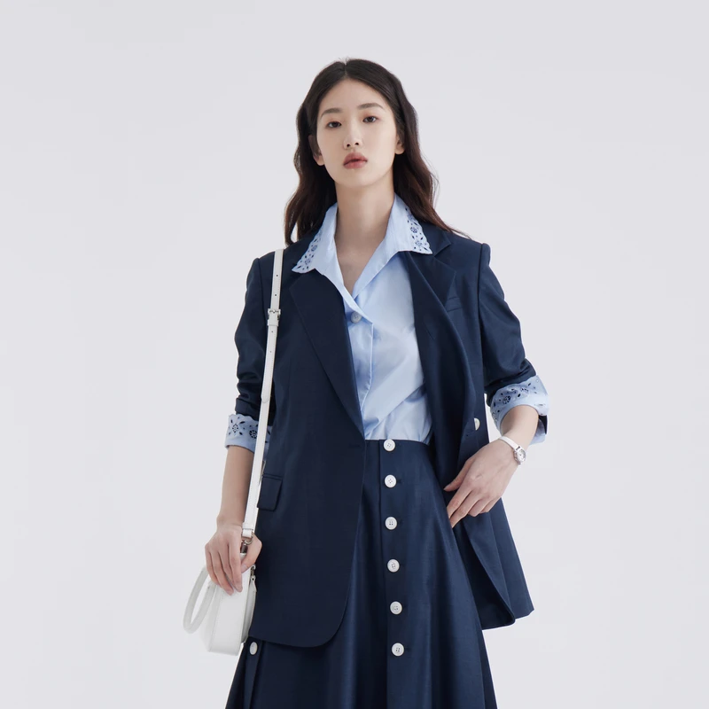 OBEG欧碧倩薄荷曼波廓形西装外套女春秋双排扣设计上衣10441069