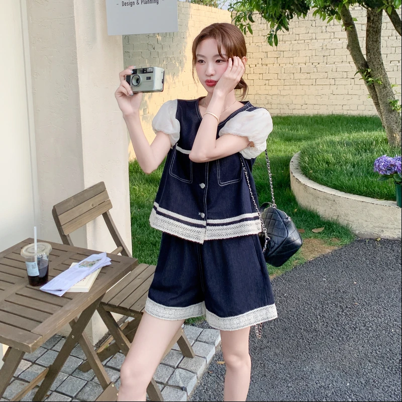 藏青色盐系穿搭一整套花边牛仔套装女2025夏季新款短袖短裤两件套