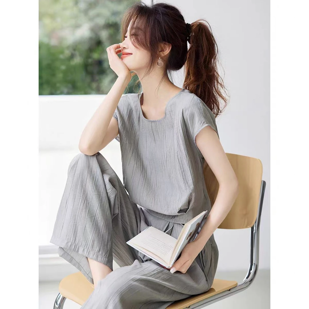 2025两件套纯色洋气透气舒适休闲夏季新款上衣宽松阔腿裤时尚套装