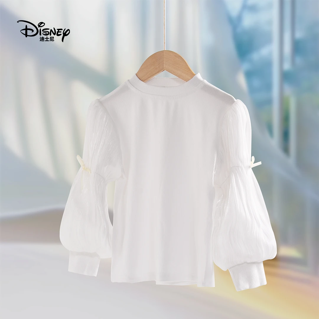 Disney/迪士尼千金风女长袖圆领T恤2025年儿童服装打底衫白色衬衣