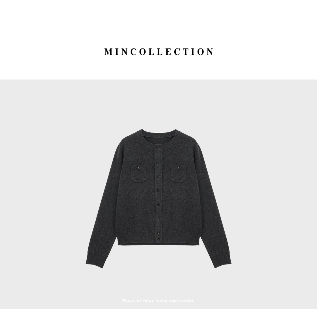 DE Mincollection口袋灰开衫/羊毛混纺老钱圆领排扣开衫55925