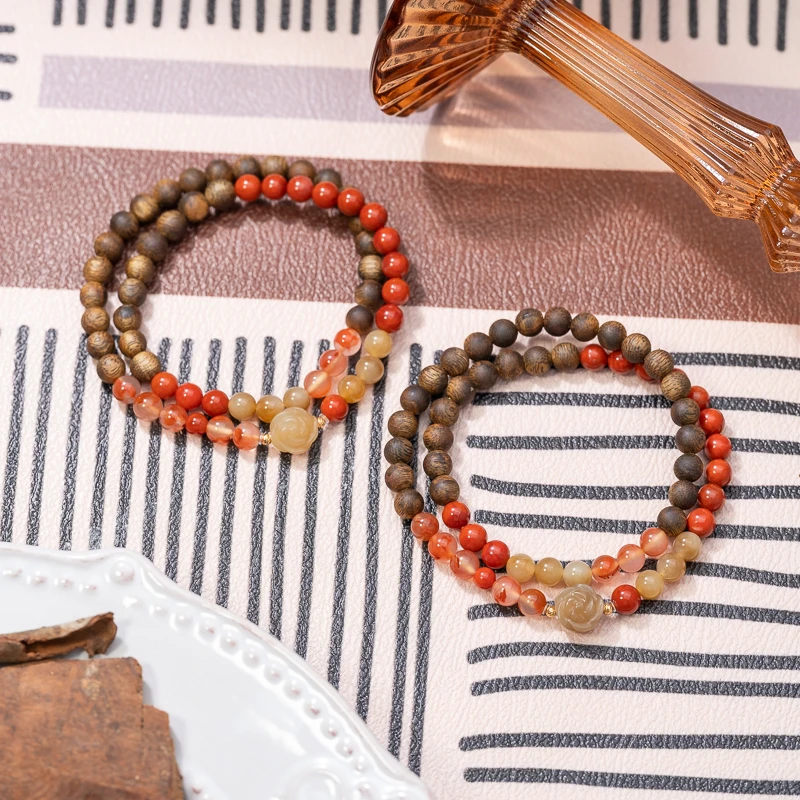 沉香【18K】莺歌绿棋楠沉香6mm南红且末糖玫瑰手串（多样性发其一）