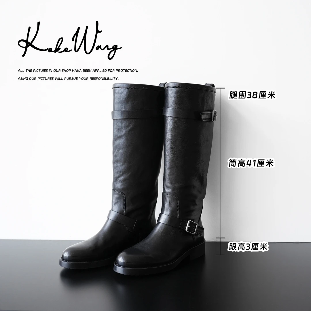 KOKO WANG 秋冬时尚气质植鞣小牛皮侧卡扣百搭长筒靴 X2355H29X17