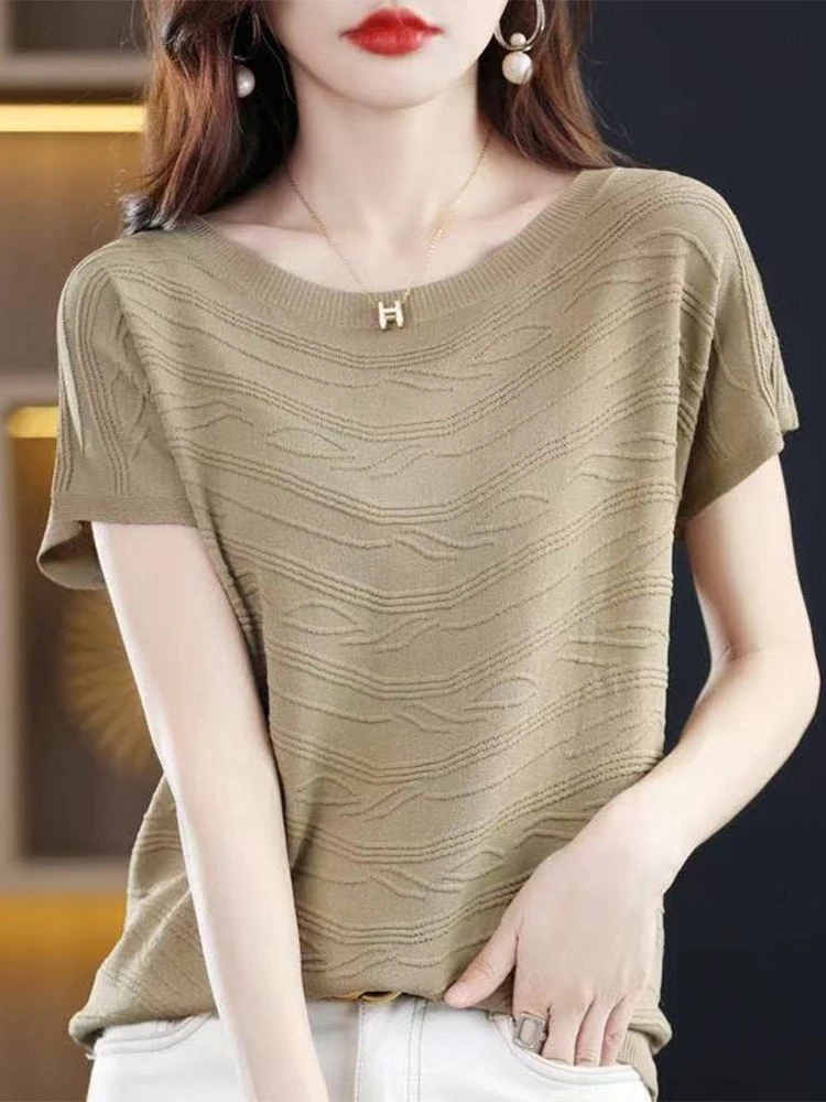 莱赛尔天丝~夏季女士宽松大码遮肚薄款条纹短袖T恤上衣2100