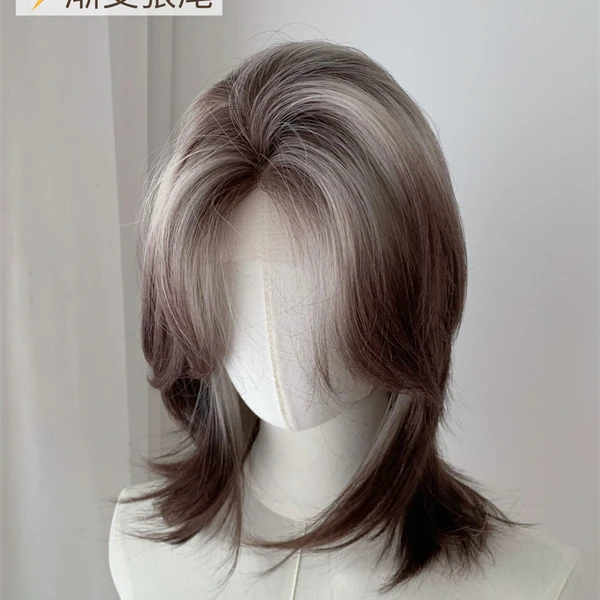 月痕·犬系少年感·棕色渐变狼尾发鲻鱼头假发层次短发全头套女