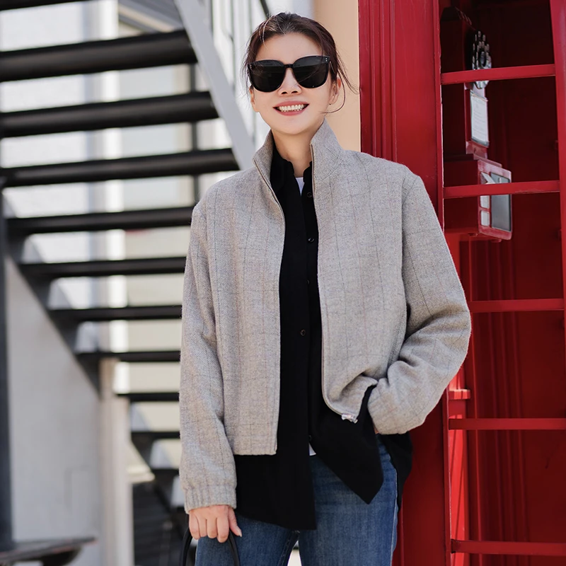 VESSI 金社长暖秋织迹进口羊毛经典格纹立领短外套