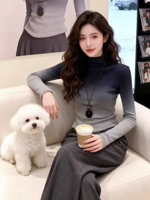 渐变色堆堆高领毛衣针织衫女蔻菲图2026早春新款修身显瘦打底上衣