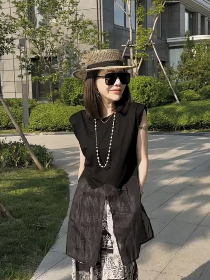 高级感设计师款短袖拼接开叉杂志风常规款宽松型T恤收腰显瘦上衣