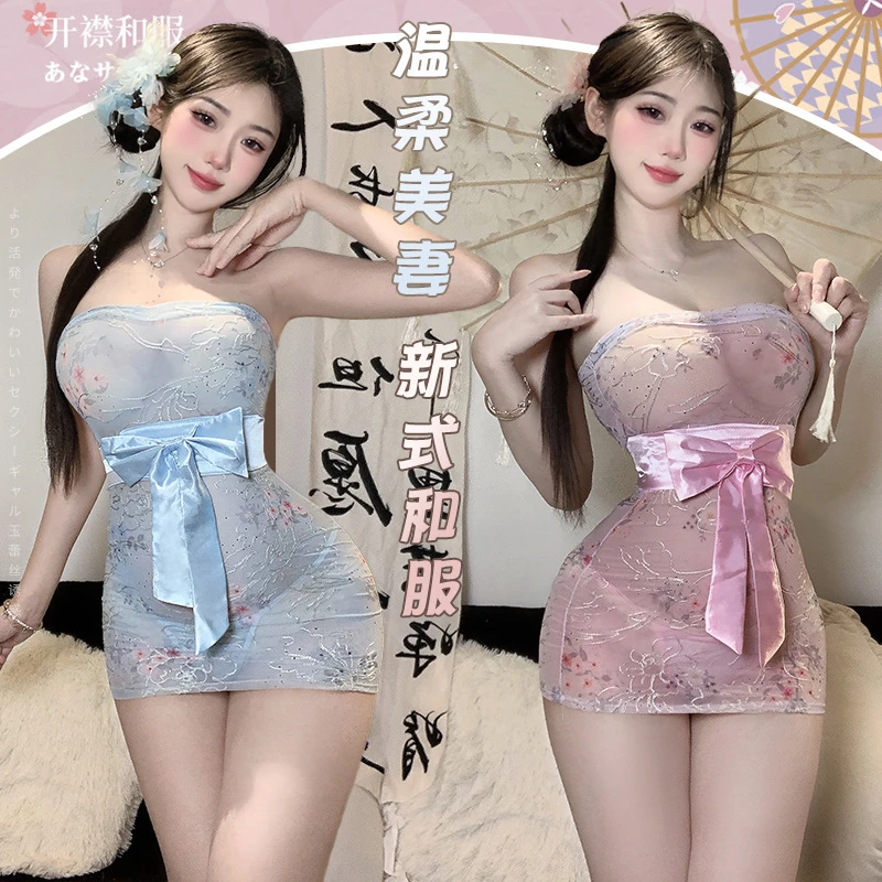 抹胸刺绣印花透视日系和服套装性感包臀制服睡裙2117
