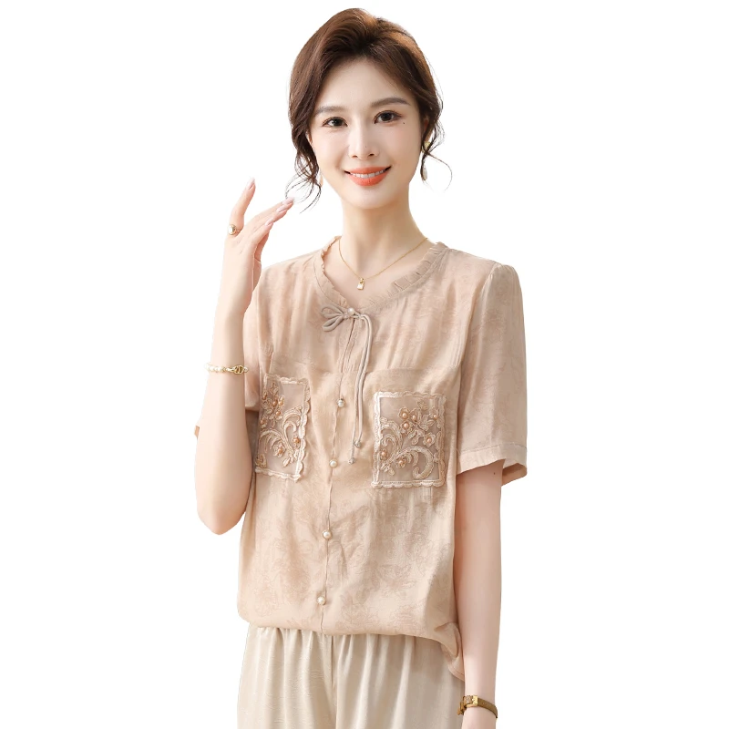 夏季妈妈装雪纺衫小香风短袖纯色小衫洋气中老年女装夏季遮肚上衣