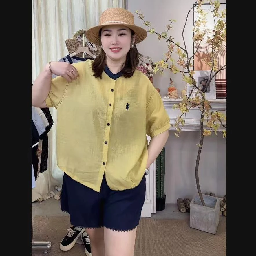 「猫薄荷」东东家*4751大码新款韩版撞色百搭宽松显瘦短袖衬衫