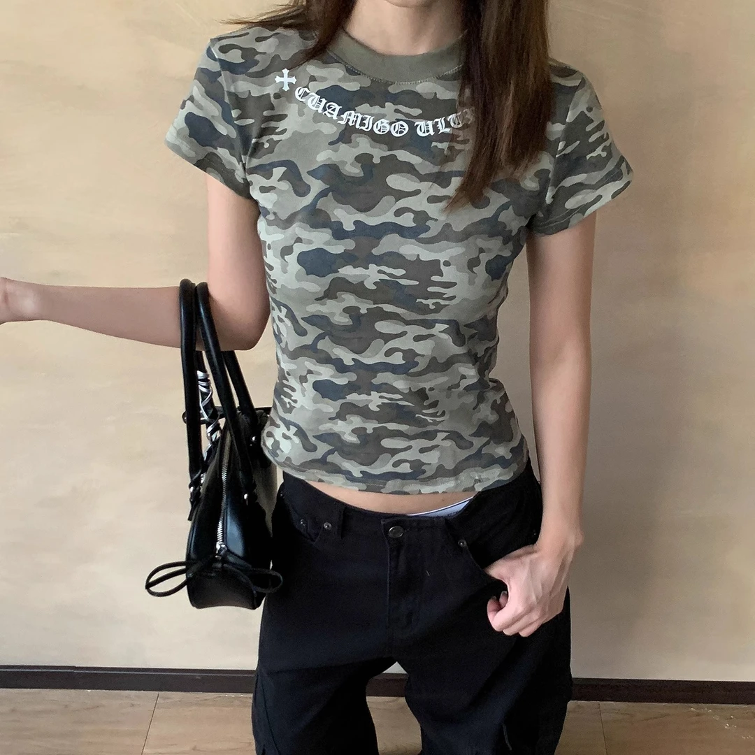 美式复古辣妹迷彩正肩短袖T恤女夏季新款收腰显瘦短款百搭上衣ins