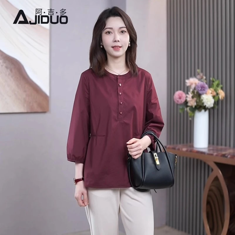 A31333阿吉多七分袖衬衫女春季新款简约高级洋气减龄大码上衣