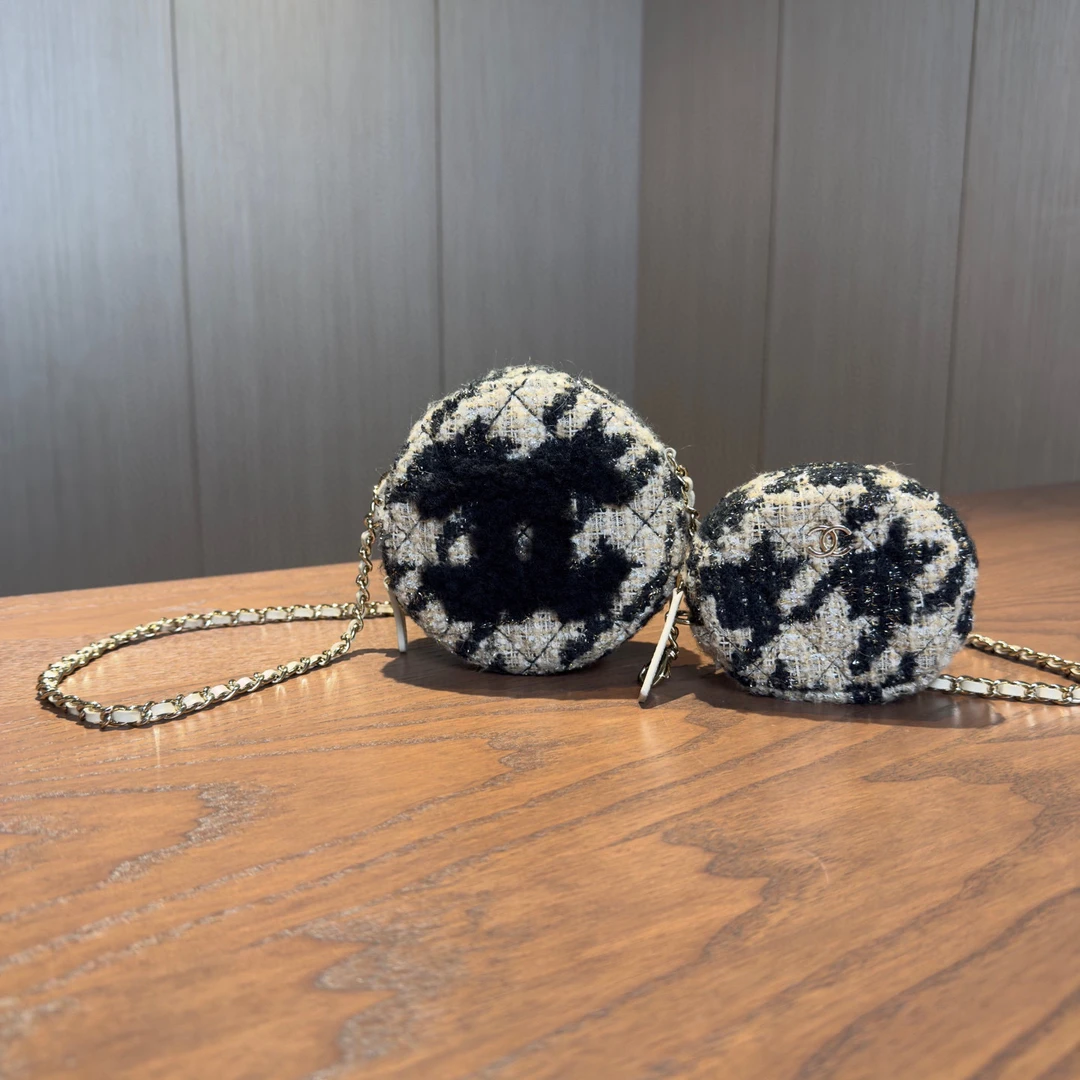 99新 Chanel/香奈儿 千鸟格毛呢小圆饼子母包28开尺寸12.5x12