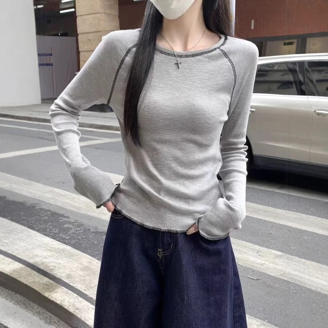 明线设计打底衫女春秋季圆领插肩反线设计感长袖内搭T恤打底上衣