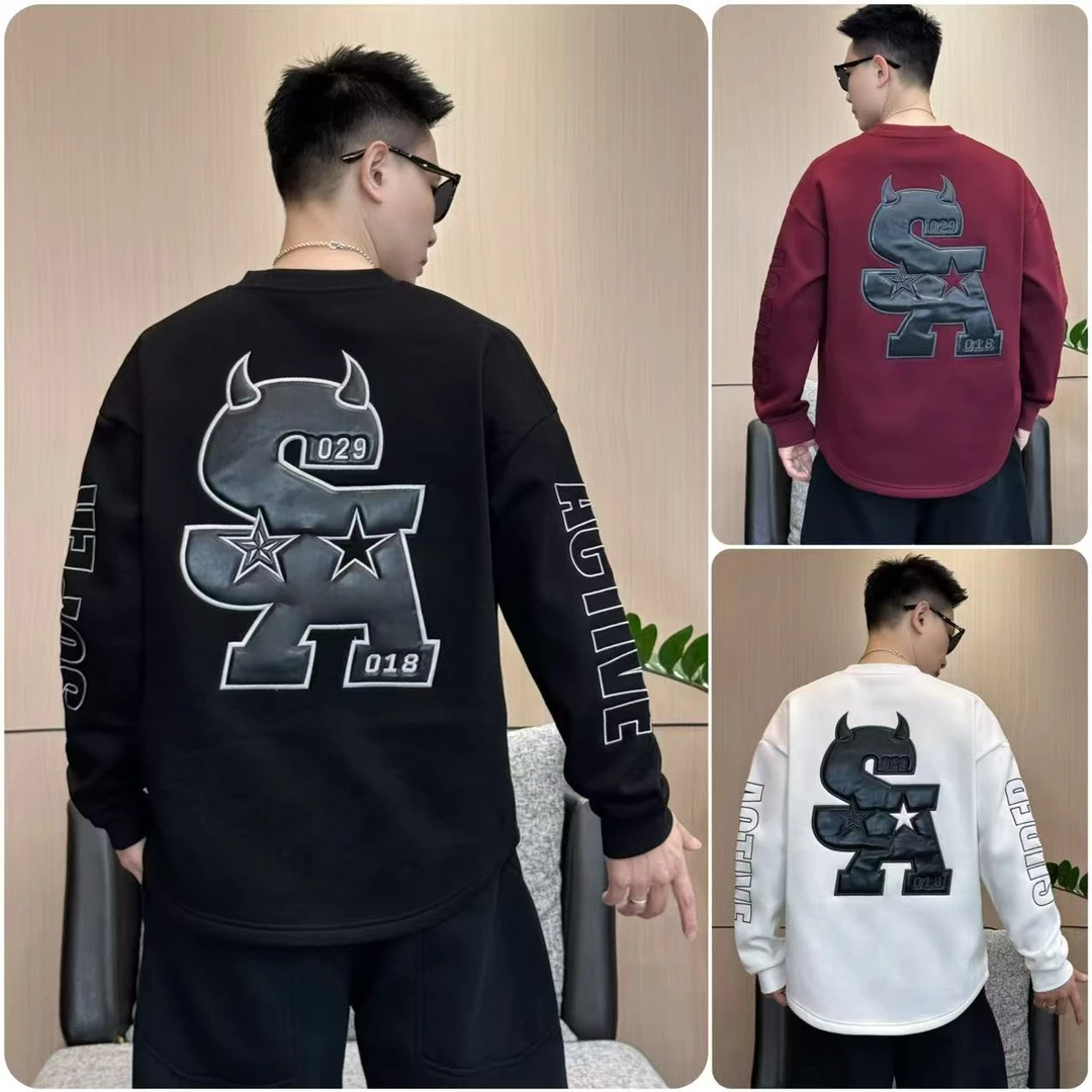 冬季重工刺绣加绒卫衣男潮牌宽松百搭洋气显瘦休闲圆领长袖情侣款