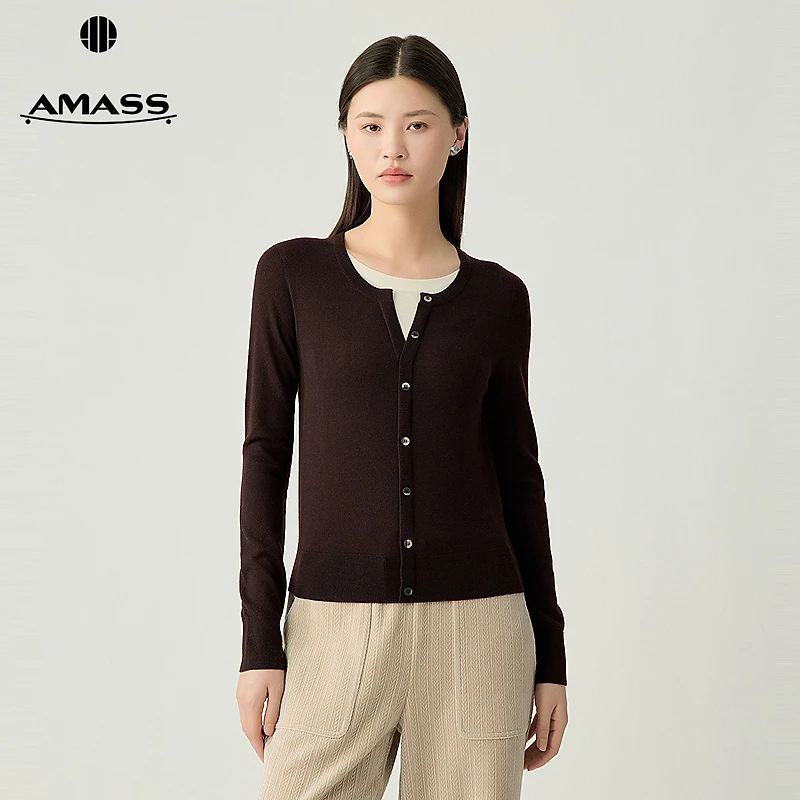 阿玛施AMASS女款秋季新款简约薄款百搭拼接领口套头针织衫5399790