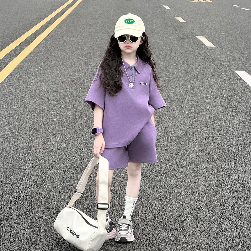 女童短裤套装夏季2025新款儿童短袖polo衫两件套大童女孩运动童装