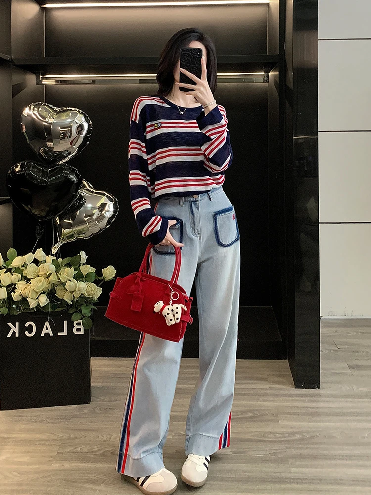 轻薄蓝红条纹长袖针织衫套装女百搭秋季新款休闲显瘦牛仔裤两件套