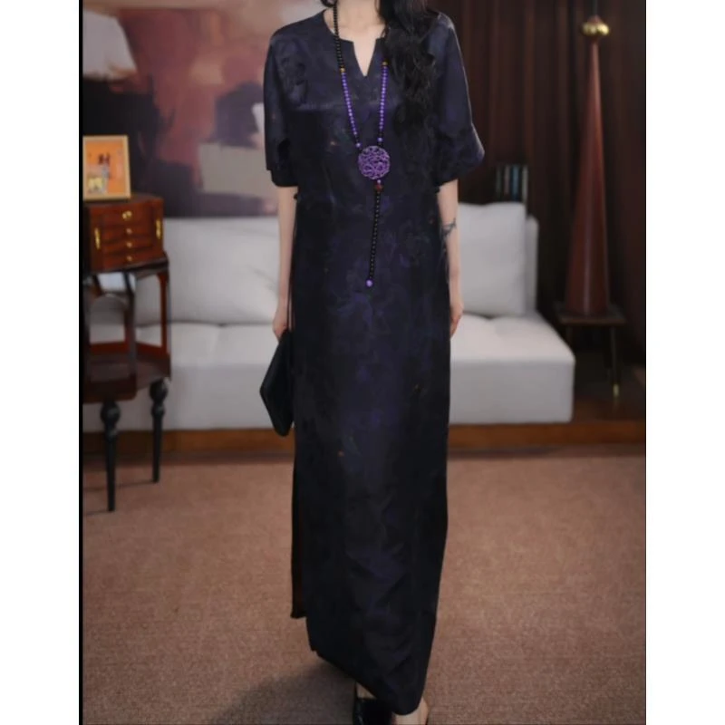 【南悦】香云纱新中式设计感夏季时尚复古修身宽松百搭国风连衣裙