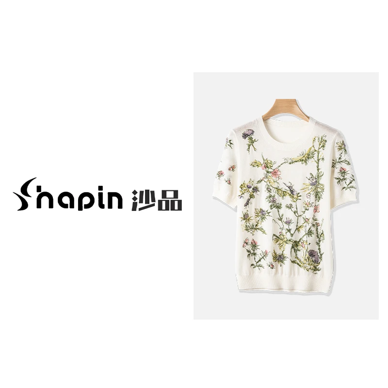 重工花卉提花半袖针织圆领气质款上衣女DY25027