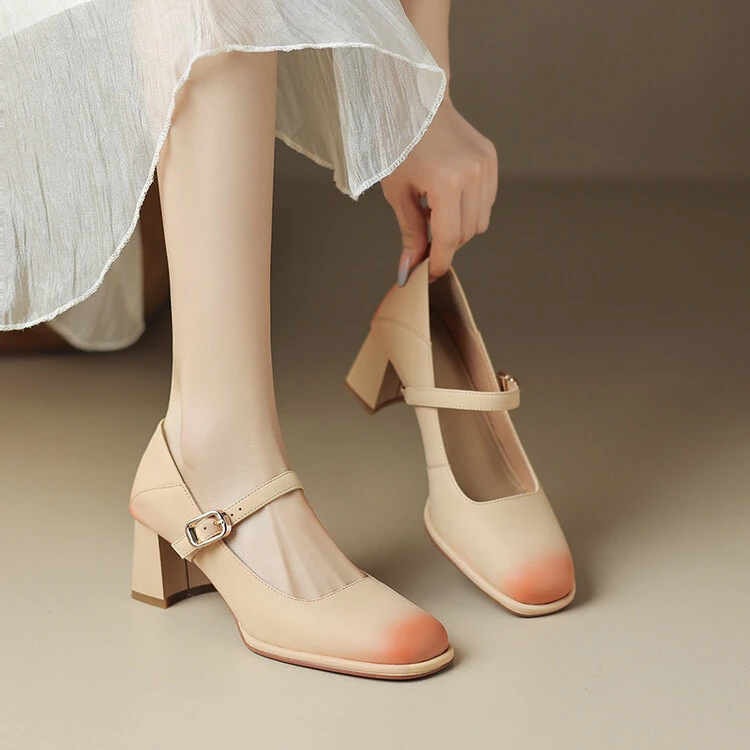 百搭真皮法式粗跟高跟方头跟鞋夏季复古包头浅口中跟M7344杏色