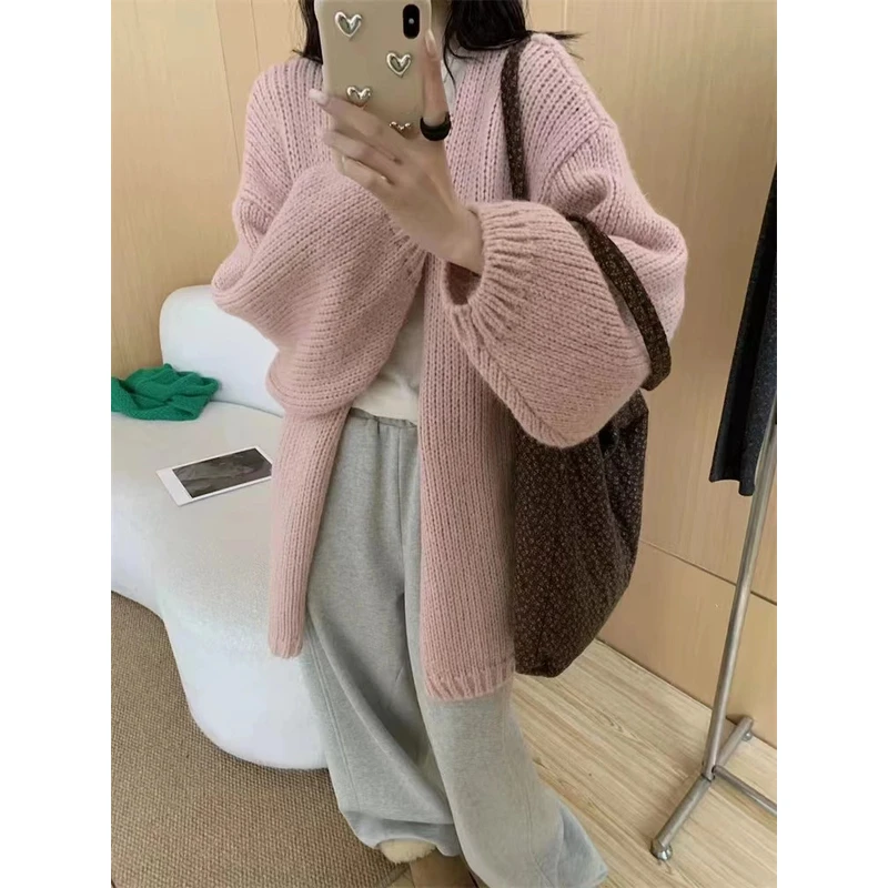 秋冬韩系宽松慵懒风粗针灯笼袖中长款毛衣针织开衫外套女N5373