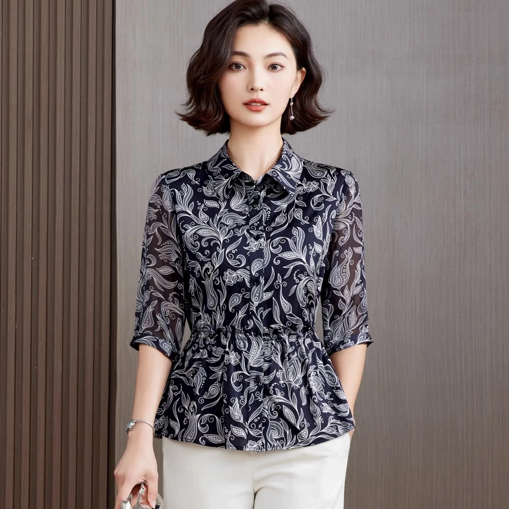 桑蚕丝上衣新中式复古风洋气真丝衬衫夏2025新中老年妈妈装打底衫
