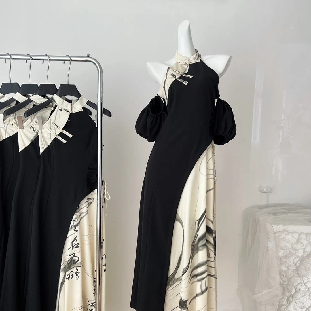 热巴同款ONMOON新中式国风书法拼色连衣裙收腰盘扣旗袍裙女夏季显