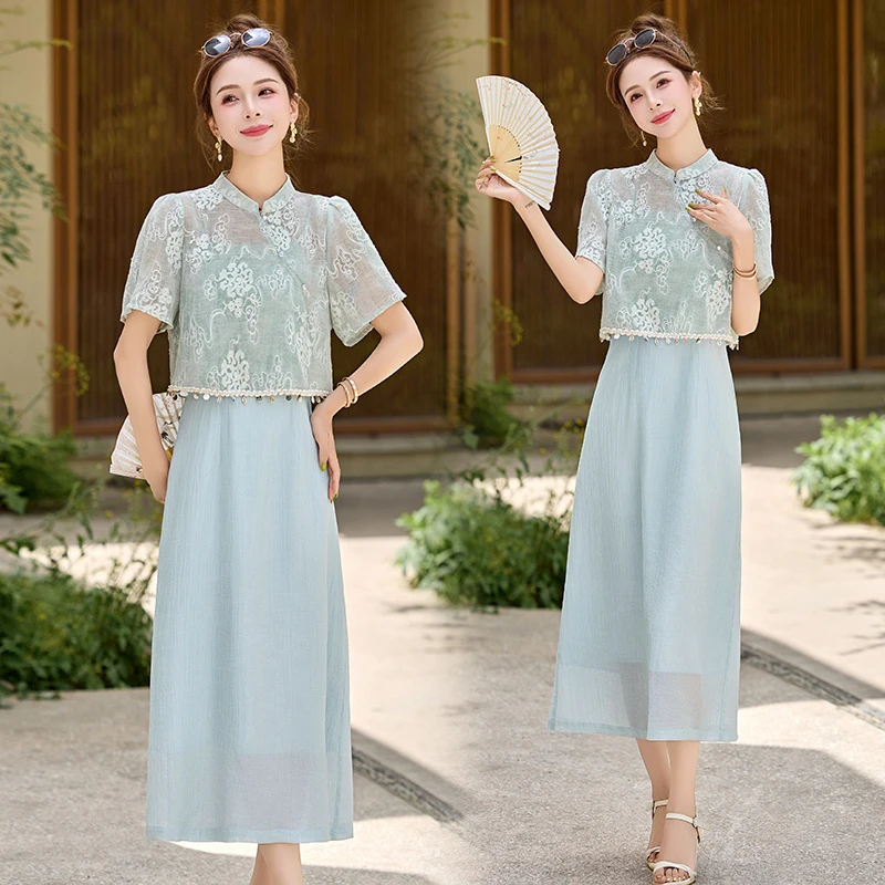 新中式国风改良旗袍连衣裙套装女夏新款韩系时尚高级感两件套裙子