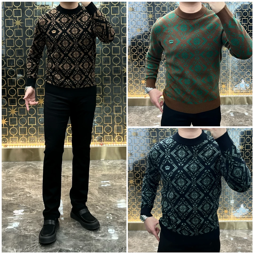 2024冬季新款男士百搭修身时尚菱形格刺绣皇冠小标羊毛毛衣  5906