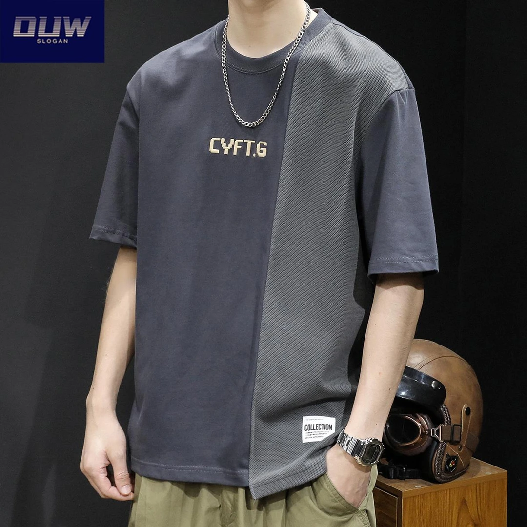 O.U.W撞色拼接短袖t恤男潮牌宽松大码2025新款男士半袖体恤夏季棉