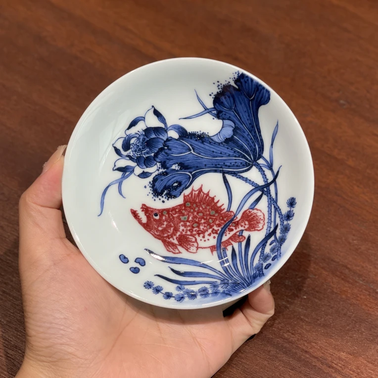 阳春白雪｜青花釉里红荷花鳜鱼碟杯垫 直径11.5cm