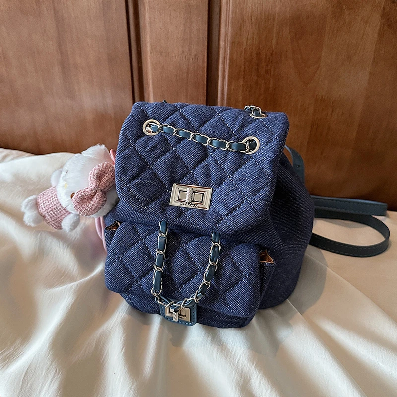 超火小众牛仔布女式双肩包2025新款精致百搭链条后背包迷你小书包