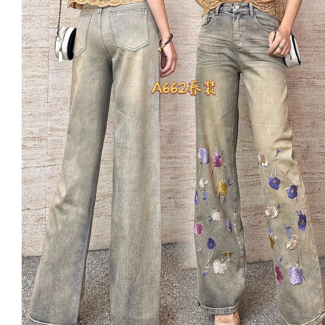超然高定水洗高腰女刺绣牛仔裤长裤春装正品超然超然牛仔裤正品