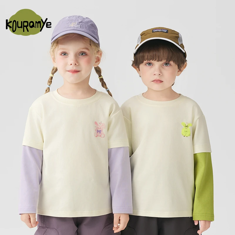 酷娃米2025年秋季新款中小童毛怪卡通印花撞色袖上衣20923