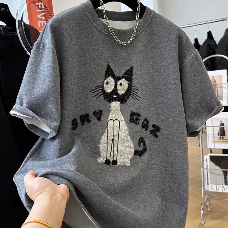 8675#新款秋冬磨毛加厚韩系卡通宽松圆领短袖T恤女半袖超好看上衣