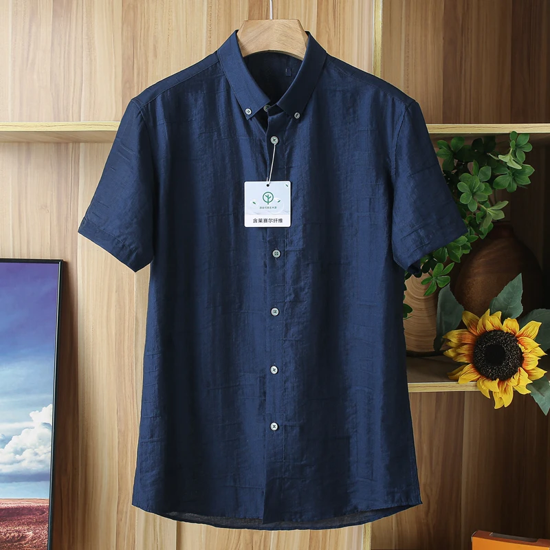 轻薄舒适H系撤柜男装藏青男士短袖衬衫夏季薄款透气休闲衬衣