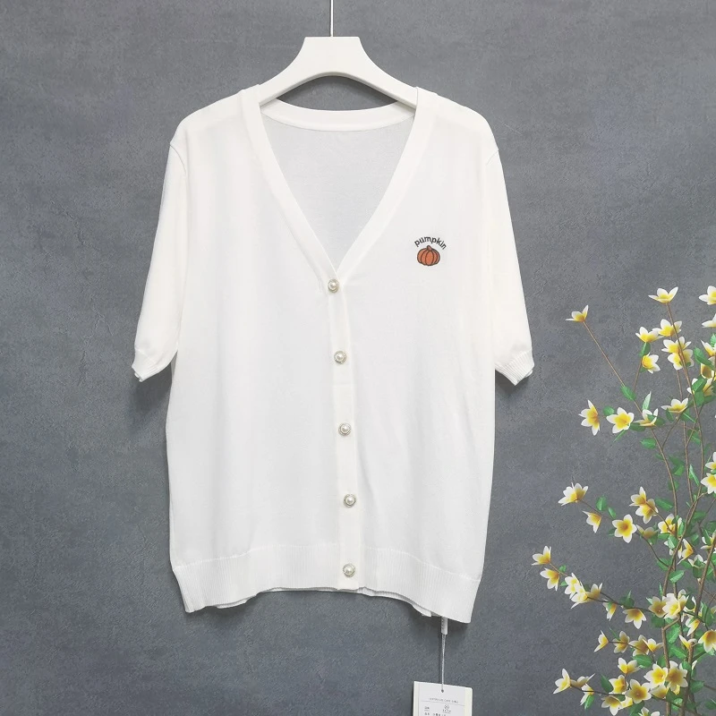 T0463【品牌撤柜】时尚V领白色排扣南瓜图案百搭短袖