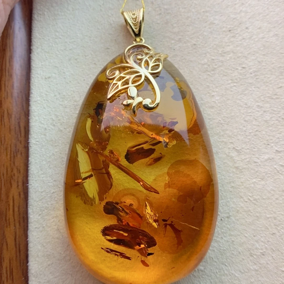 琥珀颈饰银S925镀金镶嵌