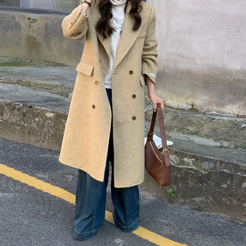韩国东大门双面羊毛大衣女长款双排扣小个子羊毛外套