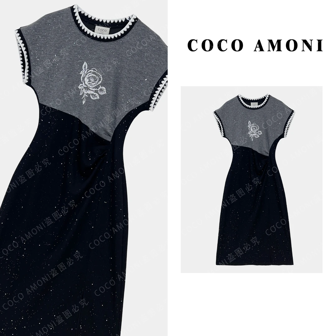 时尚设计师款高级感假两件女装拼接烫钻立体花朵气质连衣裙AC483