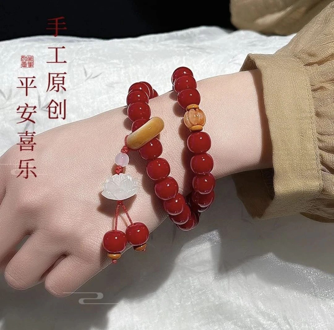 STJ056-红菩提根手持桶珠9*10双圈+莲花（无礼盒）