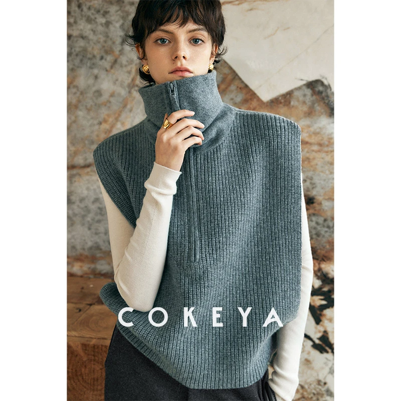 COKEYA/时髦“叠叠乐”~加密羊毛立翻两用无袖马甲高领叠穿针织衫