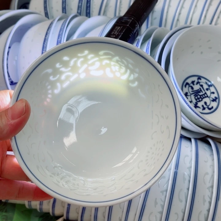 青花玲珑5寸饭碗满雕双福双线