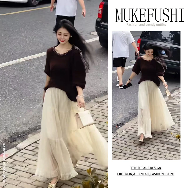 韩系氛围感穿搭早秋2025新款韩式气质毛衣显瘦飘逸半身裙两件套潮