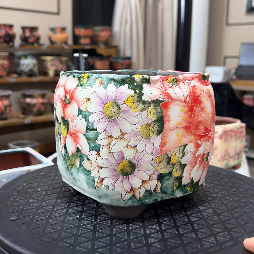 手绘陶瓷花盆口12高13